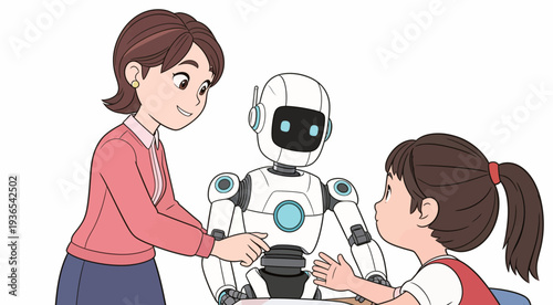 A child interacts with a robot while an adult guides them in a classroom setting, showing curiosity and teamwork during learning.