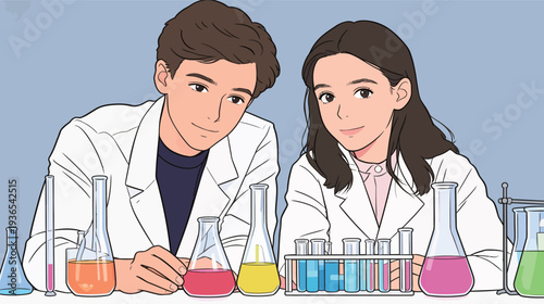 Two young scientists collaborate in a lab, observing colorful liquids in glassware during a science activity.