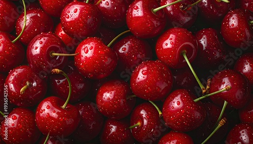 Shiny red cherries, covered in water droplets, close-up