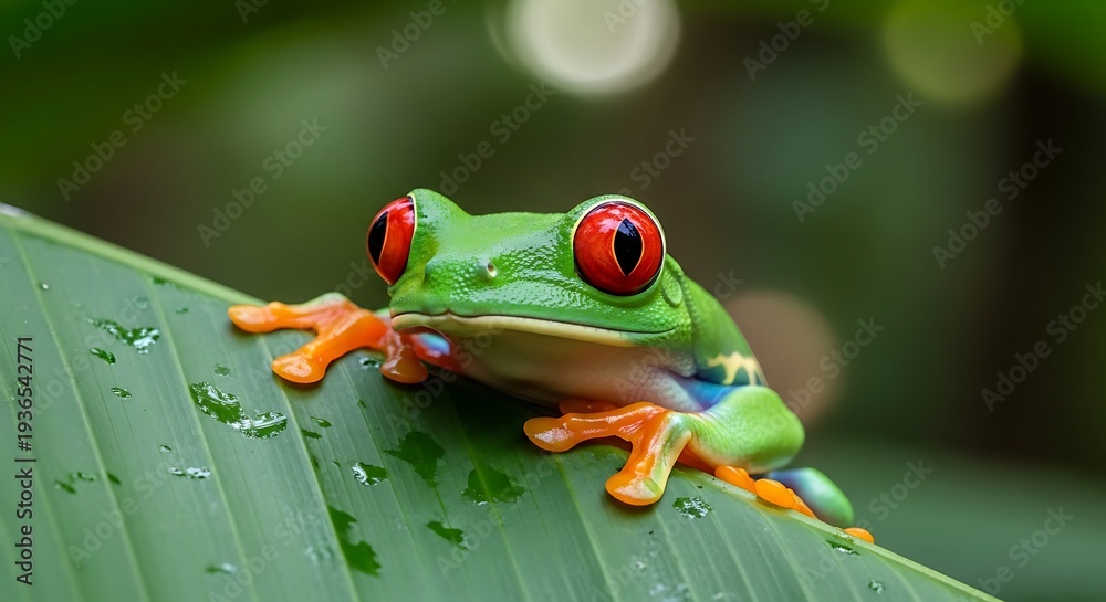 Fototapeta premium Red-Eyed Tree Frog on Leaf Rainforest Amphibian.