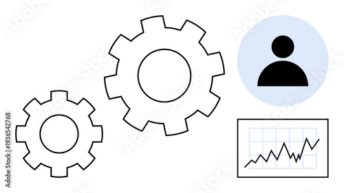 Business strategy, data analytics, productivity, teamwork, performance management, growth. Two gears, user icon and upward chart. Productivity and growth concept