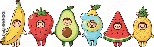 Cute kids in fruit costumes flat vector illustration with banana strawberry avocado lemon watermelon and pineapple characters