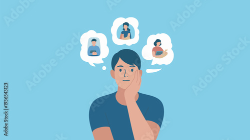 A cartoon man thinking about people with thought bubbles above his head on a blue background