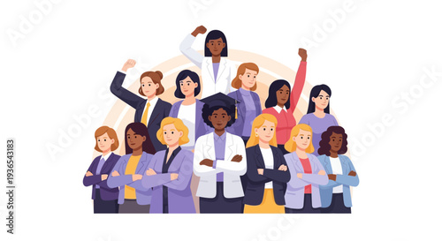 Diverse group of women in business attire celebrating Women's History Month with a vector illustration against a clean background.