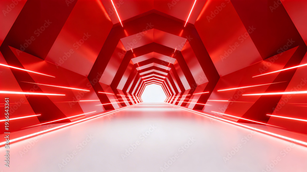 Fototapeta premium Red geometric tunnel with neon lights