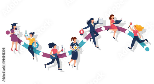 Illustration of diverse women in various professions holding a winding ribbon with icons on a white background, celebrating Women's History Month and promoting gender equality in business