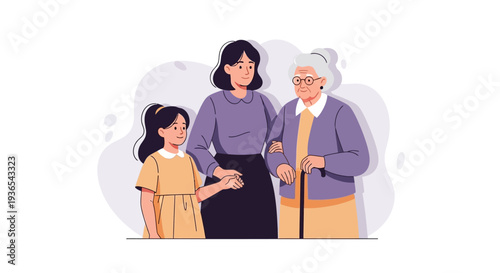 Illustration of a woman and two generations of family members standing together, celebrating Women's History Month with a design icon background, conveying a sense of business and cultural