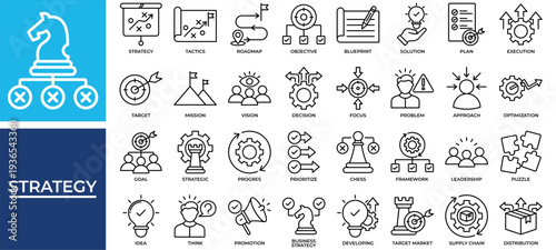 Strategy icon set collection. Containing result, draft, evolution, think, blueprint, puzzle, decision .Line vector icons collection