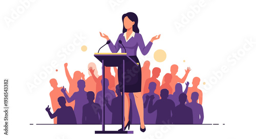 A female business icon in a purple outfit stands confidently at a podium, addressing a diverse crowd on a significant event day, symbolizing empowerment and leadership during Women's
