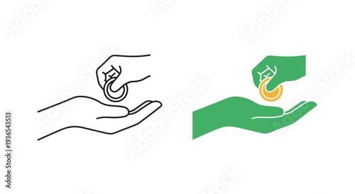 Hands holding a coin line art and color version a financial silhouette