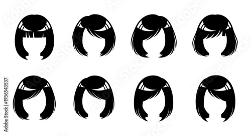 Collection of Eight Black Bob Hairstyle Illustrations.