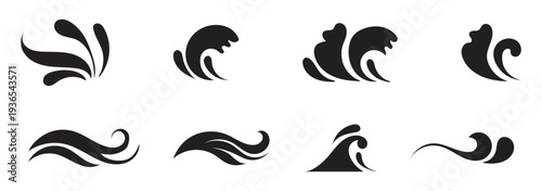 Wind swirl and wave line icon set with flowing curves representing air, motion, breeze, and abstract energy