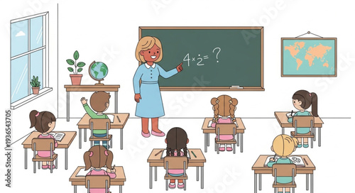 Teacher instructing young students in a classroom setting during a lesson.