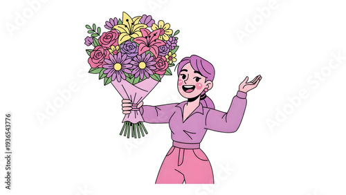 Woman happily holding colorful bouquet of flowers with one hand raised