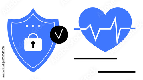 Blue shield with lock, checkmark, and heart with ECG line. Ideal for cybersecurity, healthcare, medical safety, data privacy, digital protection health monitoring and compliance visuals. Simple