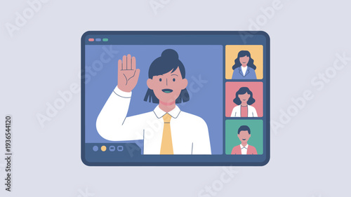 A cartoon woman waves in a video conference on a computer screen with multiple participants