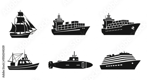 Collection of diverse ship and boat silhouettes for maritime transport.