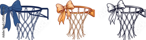 Basketball Hoop Net With Bow Ribbon Sports Vector Icon Collection