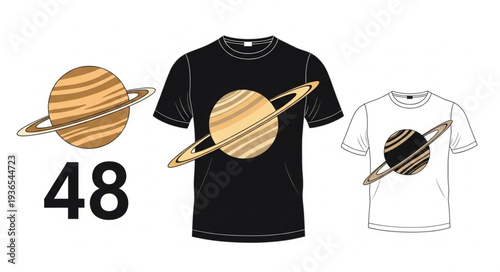 T-shirt design featuring a wooden Saturn planet graphic.
