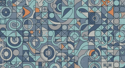 Geometric shapes pattern with various circles, triangles, and squares.