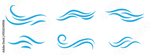 Wind blow line icon. Wind line doodle set. Blue hand drawn wind swirls and gusts. Wind motion lines. Flowing waves. Airflow wind swirl icons. Blue breeze symbol vector set. 