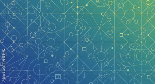 Geometric pattern with interconnected lines and shapes on a blue to green gradient background.