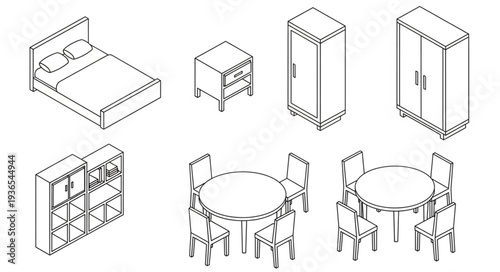 Collection of Isometric Furniture Line Drawings.