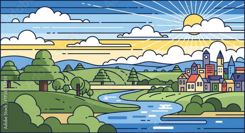 Serene Cartoon Landscape with River and Village.