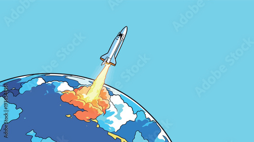 A rocket is launching from Earth with flames and smoke, ascending towards the blue sky on a sunny day.