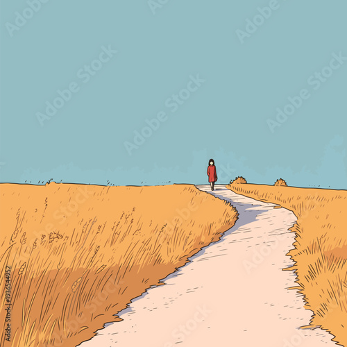 A person walks along a dirt path surrounded by tall grass under a clear blue sky. The setting is open and spacious during the day.