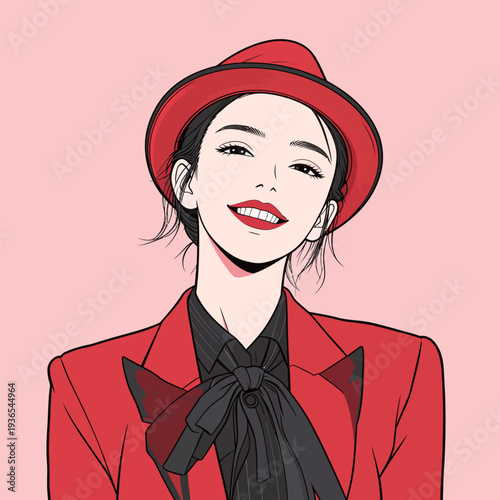 A woman smiles while wearing a red suit and hat. She has long hair styled nicely. The background is plain in color.
