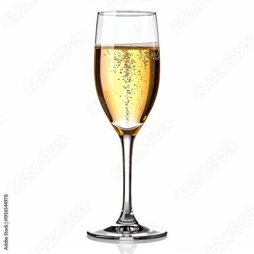 Elegant flute glass filled with sparkling golden bubbly liquid, white backdrop
