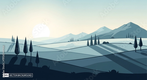 Serene landscape with rolling hills and distant mountains at sunrise.