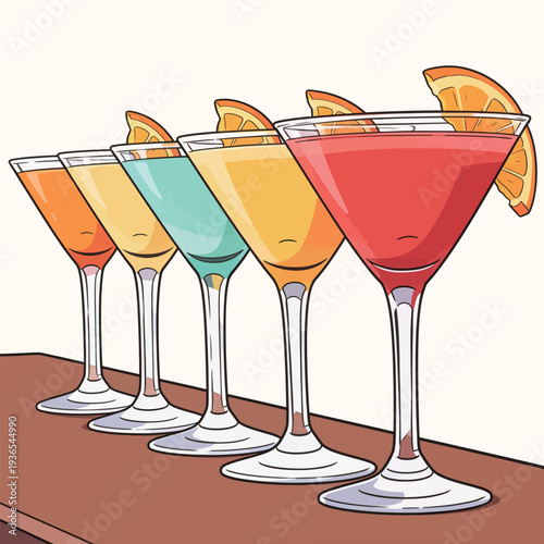 Five cocktails with different colors stand on a wooden bar counter. Each drink has an orange slice on the rim.