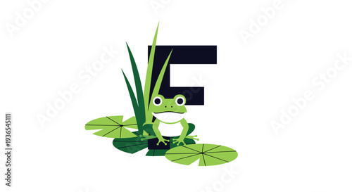 Stylized letter f decorated with a cute green frog sitting on lily pads and aquatic grass for educational purposes.