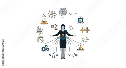 Illustration of a woman surrounded by science and technology icons, symbolizing Women in STEM on World Day of Woman and Girls in Science, in a simple design.