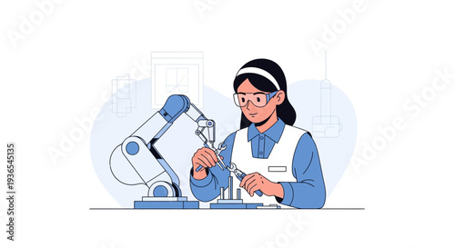 Illustration of a woman working with a robotic arm in a lab setting, wearing a white vest and blue shirt, on World Day of Woman and Girls in Science.
