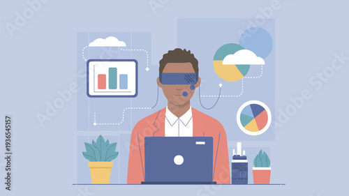 A man wearing virtual reality goggles works on a laptop with graphs and charts around him