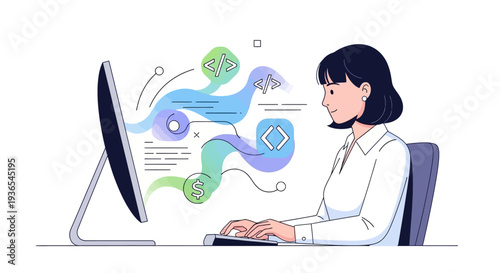 Illustration of a woman working on a computer with colorful graphics and symbols floating above the screen, celebrating World Day of Woman and Girls in Science in a business setting.