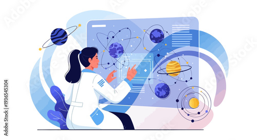 A female scientist in a lab coat interacts with a large tablet displaying planets and scientific data on a colorful, swirling background, celebrating World Day of Woman and Girls in Science.