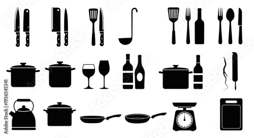 Collection of kitchen utensils and cookware silhouettes.