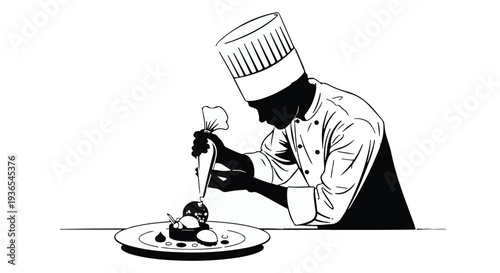 Skilled chef meticulously decorates a gourmet dessert with a piping bag.