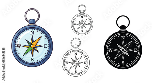 Set of nautical compass icons in colored, line art, and silhouette styles is provided for navigation, travel, and adventure themed projects.