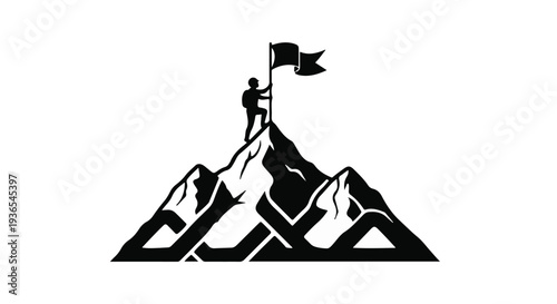 Silhouette of a person planting a flag on a mountain peak, symbolizing achievement and success.