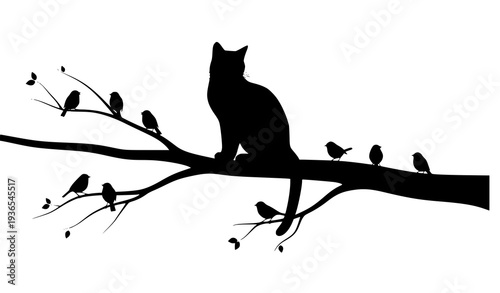 Black cat silhouette on tree branch with birds vector isolated on white background