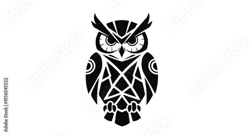 Stylized black owl silhouette with geometric patterns on a white background, representing wisdom and nocturnal nature.