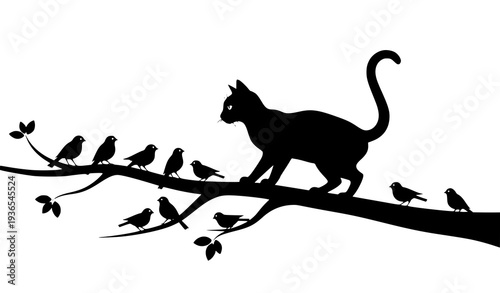 Black cat perched on tree branch with birds vector silhouette illustration isolated on white background