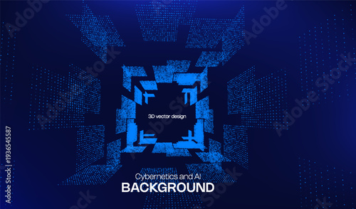 Abstract technology 3D background with digital neon tech square and perspective for big data concept. Party dots grid with tunnel blue led light. 