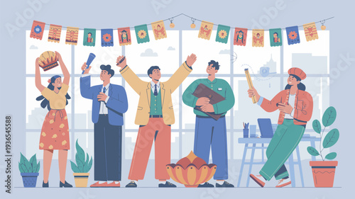 A diverse group of people celebrating a festive occasion with colorful flags and decorations in a bright office space