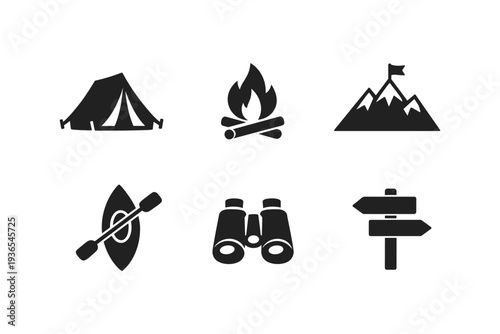 Set of outdoor adventure icons including tent, campfire, mountain, kayak, binoculars, and signpost
